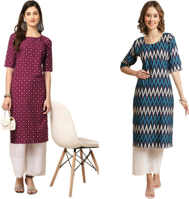 KAUTAQI Women Striped, Printed Straight Kurta(Multicolor)