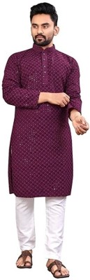 LOOKMARK Men Chikan Embroidery Straight Kurta(Purple)