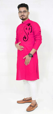 Rainbow Cloths Men Solid Straight Kurta(Pink)