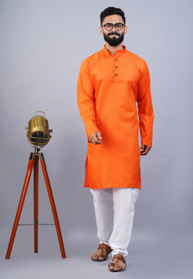 krishu Men Solid Straight Kurta(Orange)