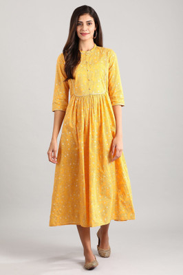 Aurelia Women Printed Flared Kurta(Yellow)