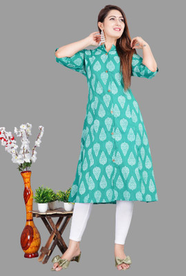 AJAYTEXTILEAT Women Printed Straight Kurta(Green)