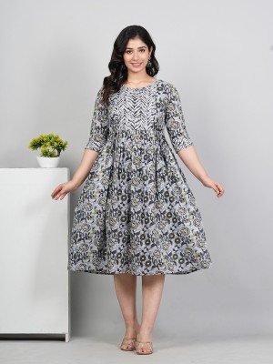 RIAANA Women Printed Anarkali Kurta(Grey)