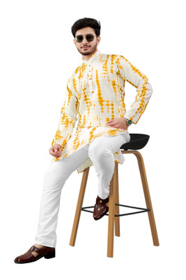 DHASU TRENDZ Men Printed Straight Kurta(Yellow, White)