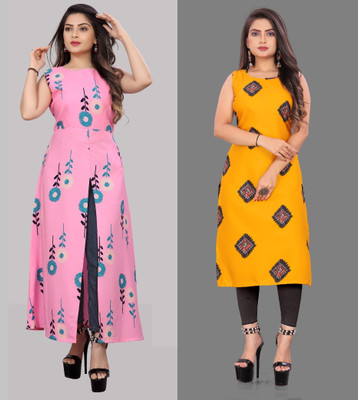 Modli 20 Fashion Women Printed Straight Kurta(Yellow, Pink)