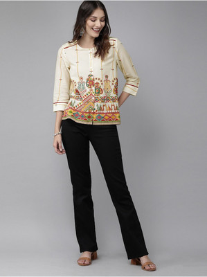 New RJP Craft Women Printed Straight Kurta(Beige)