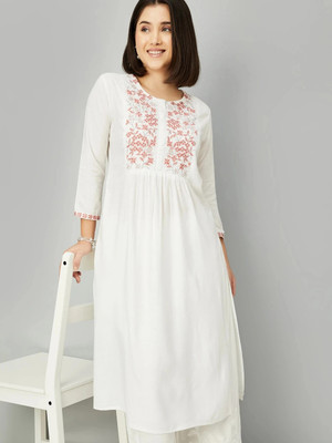 MAX Women Embroidered Straight Kurta(White)