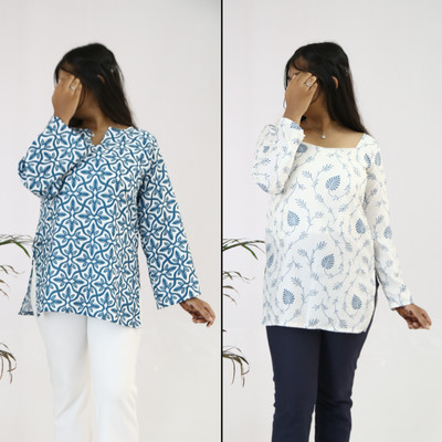 aanzri Women Printed, Geometric Print Straight Kurta(White, Blue)