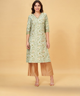 Rangmanch by Pantaloons Women Printed A-line Kurta(Green, Beige, Light Green)