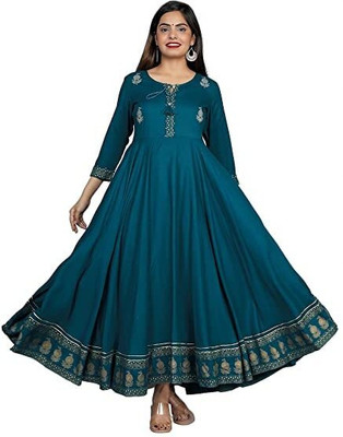 TRADERSRISHIKA Women Printed Flared Kurta(Blue)