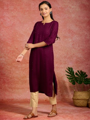 LIBAS Women Embroidered Straight Kurta(Purple)