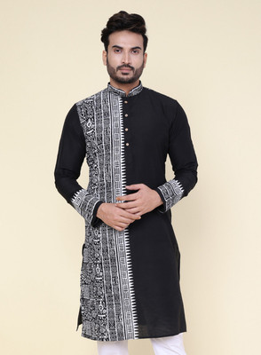 W & G Men Self Design Straight Kurta(Black)