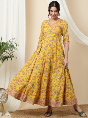 Gulmehendi Women Printed Anarkali Kurta(Yellow)