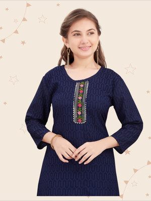 Kidotsav Girls Embroidered, Printed Straight Kurta(Dark Blue)