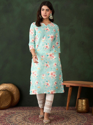 Sangria Women Printed Straight Kurta(Blue)