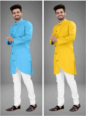 DIAMOND CLUSTER Men Solid Asymmetric Kurta(Light Blue, Yellow)