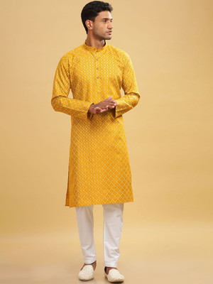 ANOUK Men Abstract Straight Kurta(Yellow)