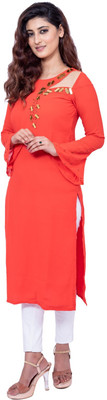 Navgya Women Embellished Straight Kurta(Orange)