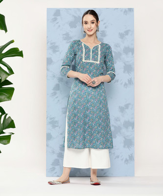 Varanga Women Printed Straight Kurta(Green, Pink, White)