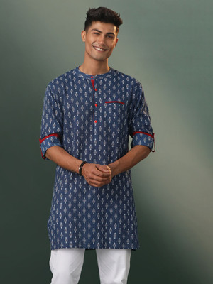VASTRAMAY Men Printed Straight Kurta(Blue)