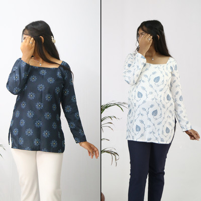 aanzri Women Floral Print Straight Kurta(White, Dark Blue)