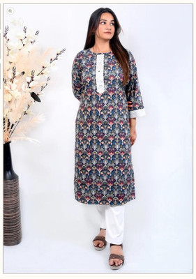 brozzo Women Printed Straight Kurta(Blue)