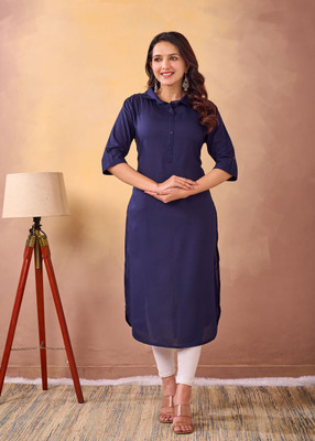 NEEYAMI Women Solid Straight Kurta(Blue)