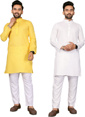 ANAND Men Solid, Self Design A-line Kurta(Yellow, White)