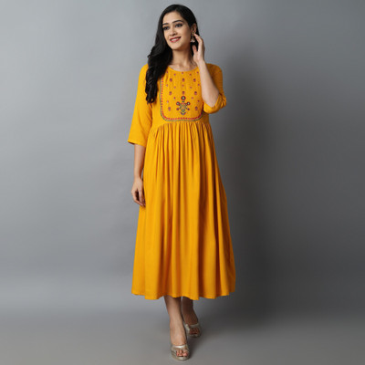 Kriska Women Embroidered A-line Kurta(Yellow)