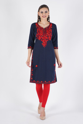 ASAD GARMENTS Women Chikan Embroidery A-line Kurta(Dark Blue, Red)