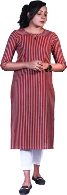 Awanee Women Striped Straight Kurta(Red)