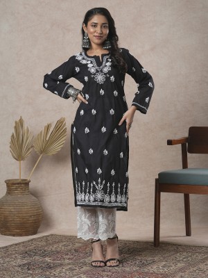 ADA Women Chikan Embroidery, Embroidered Straight Kurta(Black)