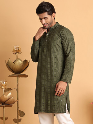 Jompers Men Embroidered Straight Kurta(Green)