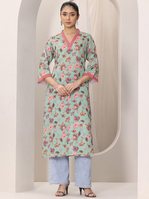 LIBAS Women Printed Straight Kurta(Green)