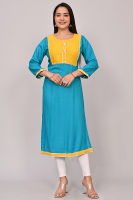Padlaya Fashion Women Self Design Straight Kurta(Light Blue, Yellow)