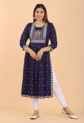 ASHRU Women Printed Ethnic Dress Kurta(Dark Blue)