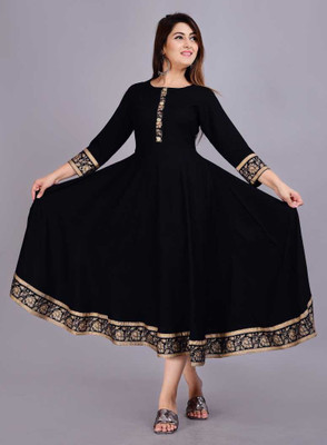 RA CREATION Women Printed Flared Kurta(Black)