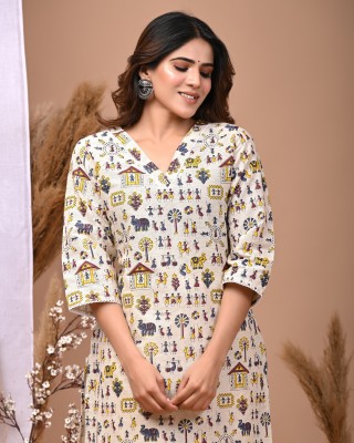 Rimeline Fashion Women Printed Straight Kurta(Beige)