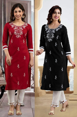 vikshi Women Chikan Embroidery Straight Kurta(Multicolor)