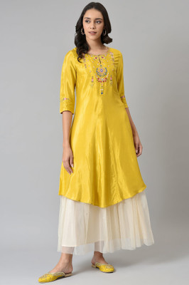 W Women Self Design A-line Kurta(Yellow)