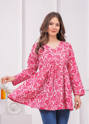 HINGLAJRAJ Women Block Print Flared Kurta(Pink)