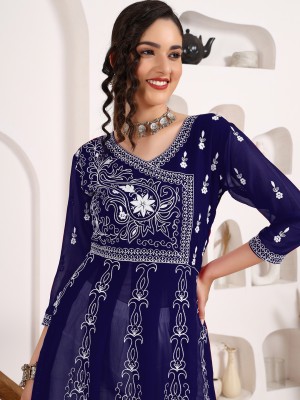 Youthnic Women Chikan Embroidery Anarkali Kurta(Dark Blue)