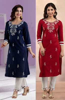 SISTO Women Chikan Embroidery Straight Kurta(Multicolor)