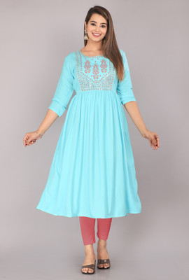 Tiwari Women Embroidered Anarkali Kurta(Light Blue)