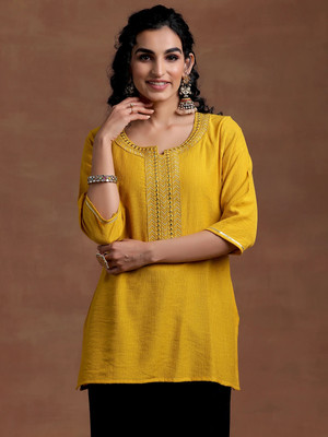 LIBAS Women Self Design Straight Kurta(Yellow)