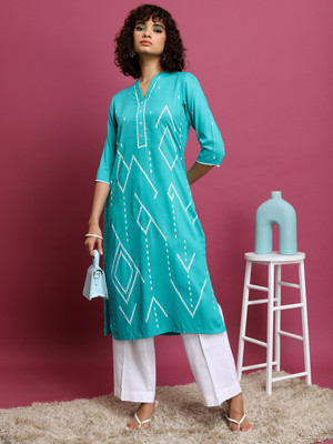 Vishudh Women Printed Straight Kurta(Light Blue, White)