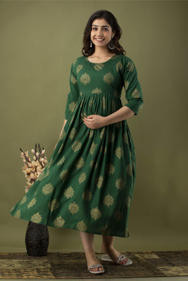 Puruvanshi Women Printed Gown Kurta(Green)