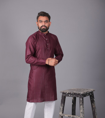CELLUX Men Striped Straight Kurta(Maroon)