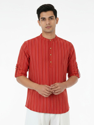 Anouk Rustic Men Striped Straight Kurta(Red)