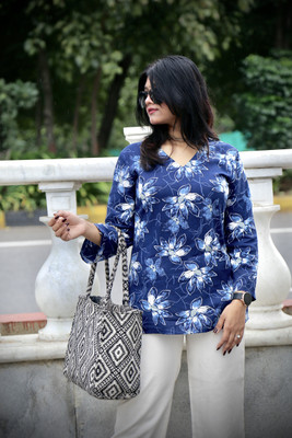 Aromix Women Floral Print, Printed A-line Kurta(Blue)